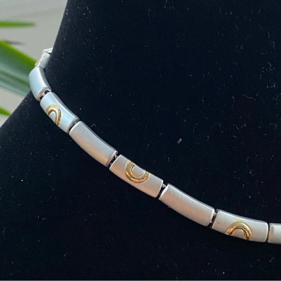 Modernist Two Tone Brushed Metal Choker Necklace with Gold Colored Circles - Picture 9 of 10